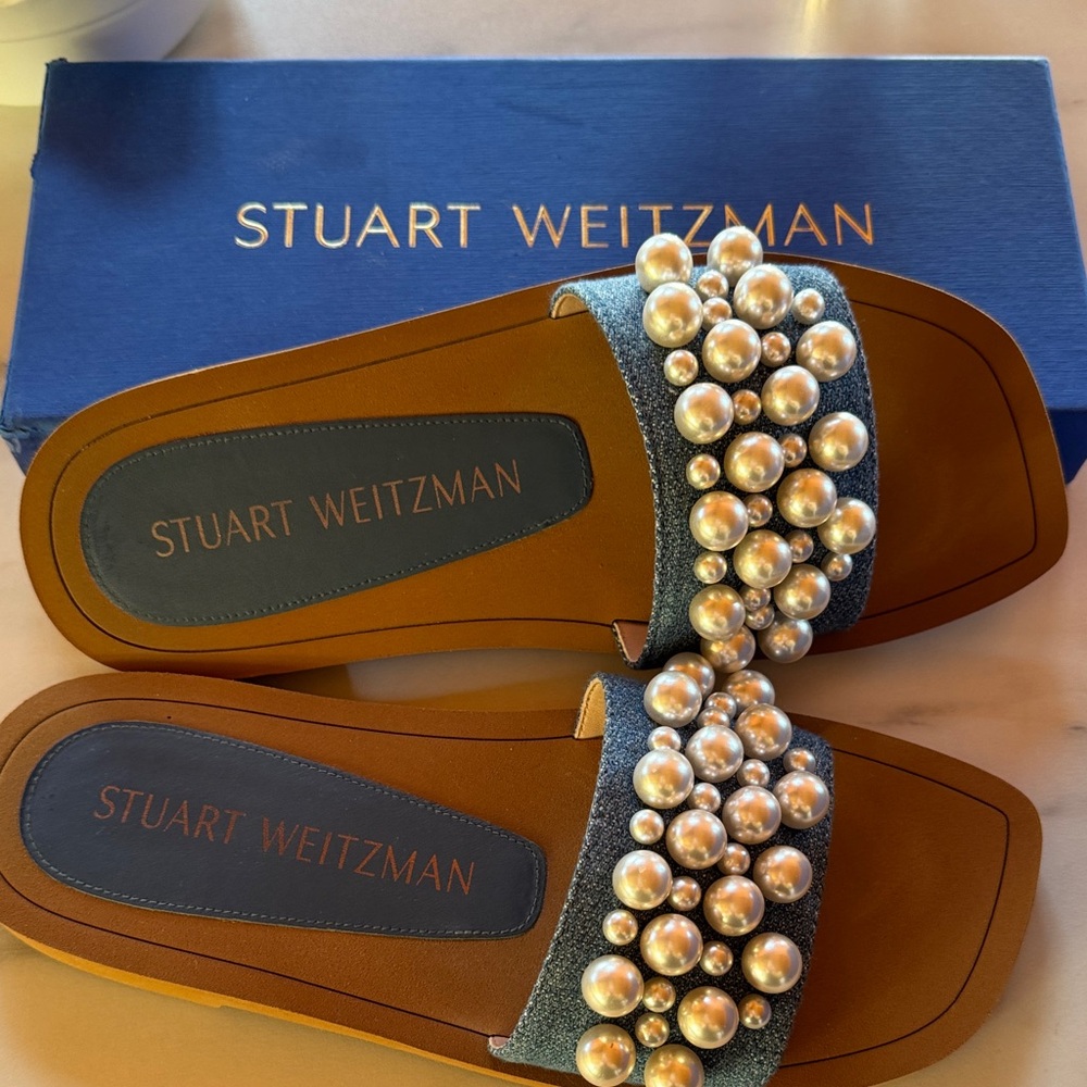 Stuart Weitzman Blue Pearl Slide Sandals